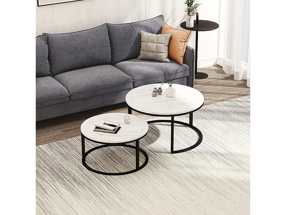 Lot de 2 tables basses gigognes – Marbre blanc et métal noir, Moderne, Table d'appoint ronde pour salon et chambre