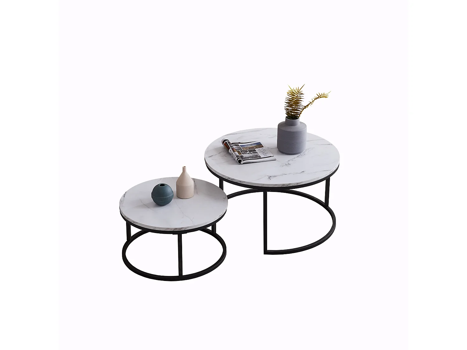 Lot de 2 tables basses gigognes – Marbre blanc et métal noir, Moderne, Table d'appoint ronde pour salon et chambre