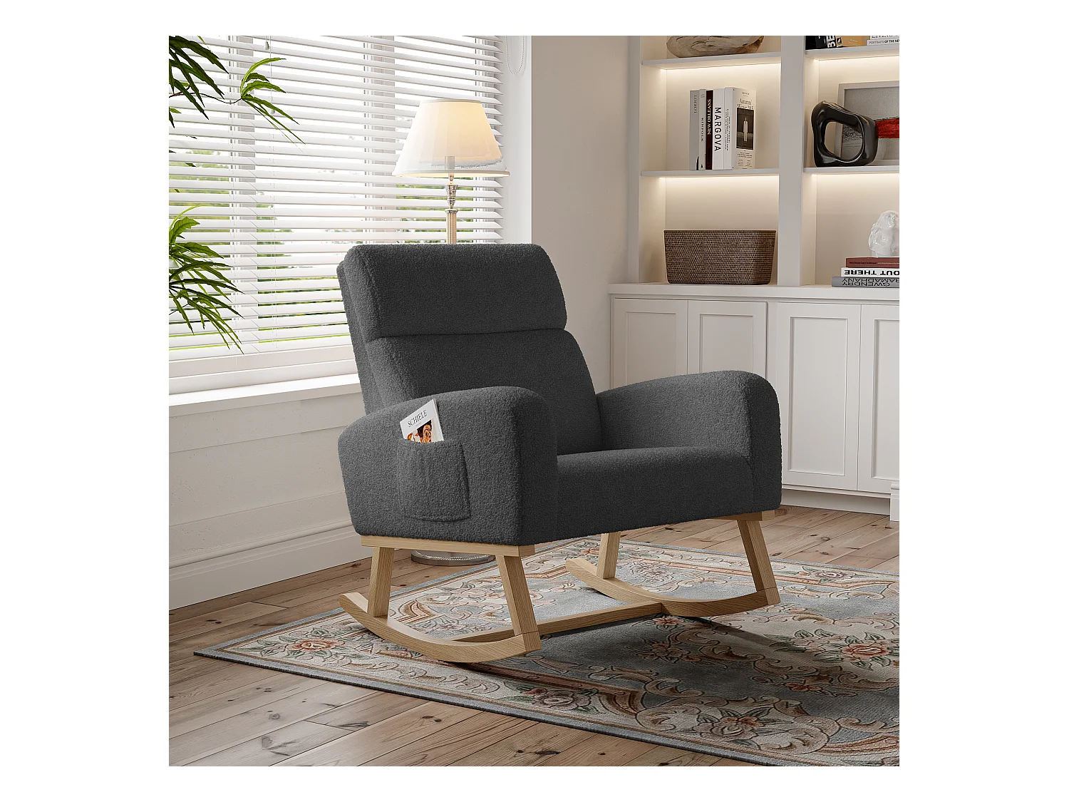 Mecedora con reposabrazos, respaldo reclinable y patas de madera maciza - Gris oscuro