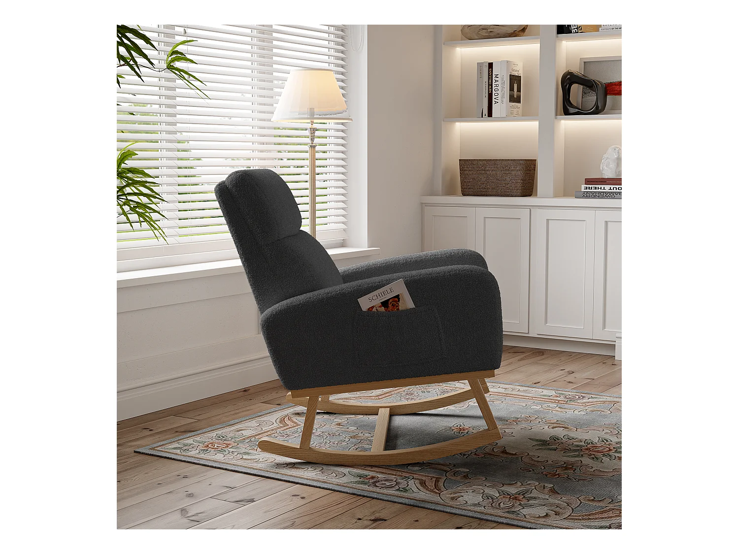 Mecedora con reposabrazos, respaldo reclinable y patas de madera maciza - Gris oscuro