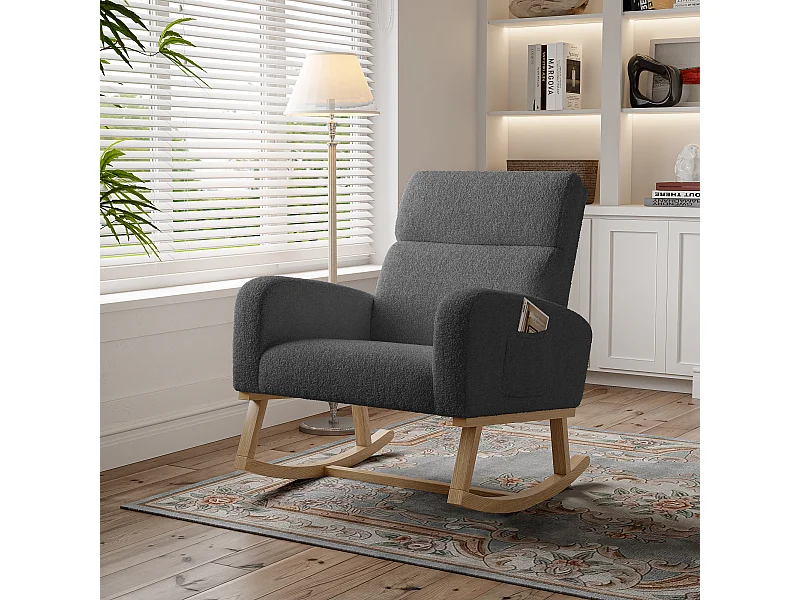 Fauteuil à Bascule avec Accoudoirs, Dossier Incliné et Pieds en Bois Massif - Gris Foncé