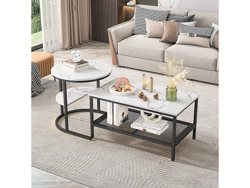 Set di 2 tavolini da caffè scandinavi impilabili - rettangolari, stampa marmo, poggiapiedi regolabili, struttura in metallo nero