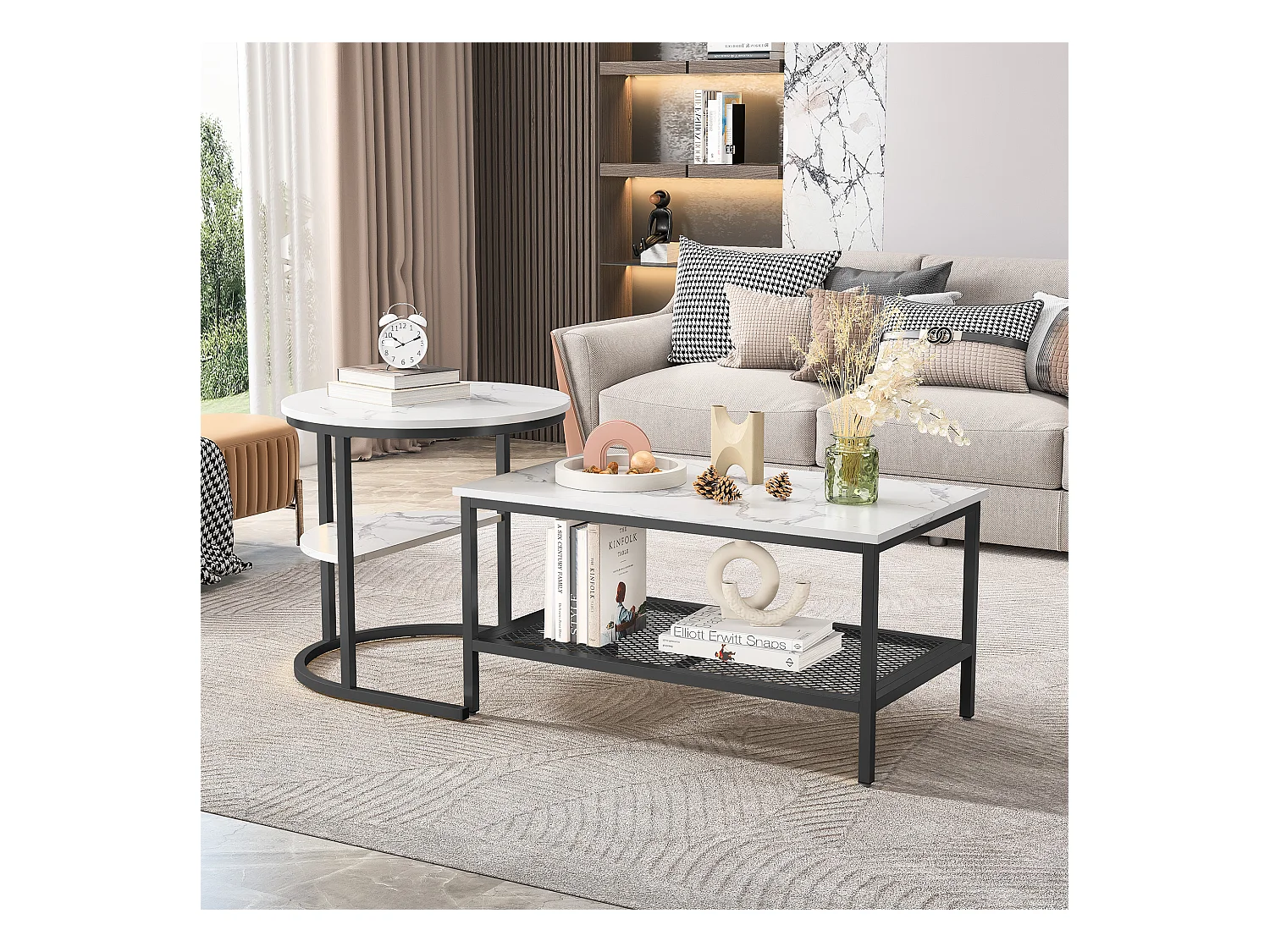 2er-Set skandinavischer Couchtische – rechteckig, Marmordruck, verstellbare Fußstützen, schwarzer Metallrahmen