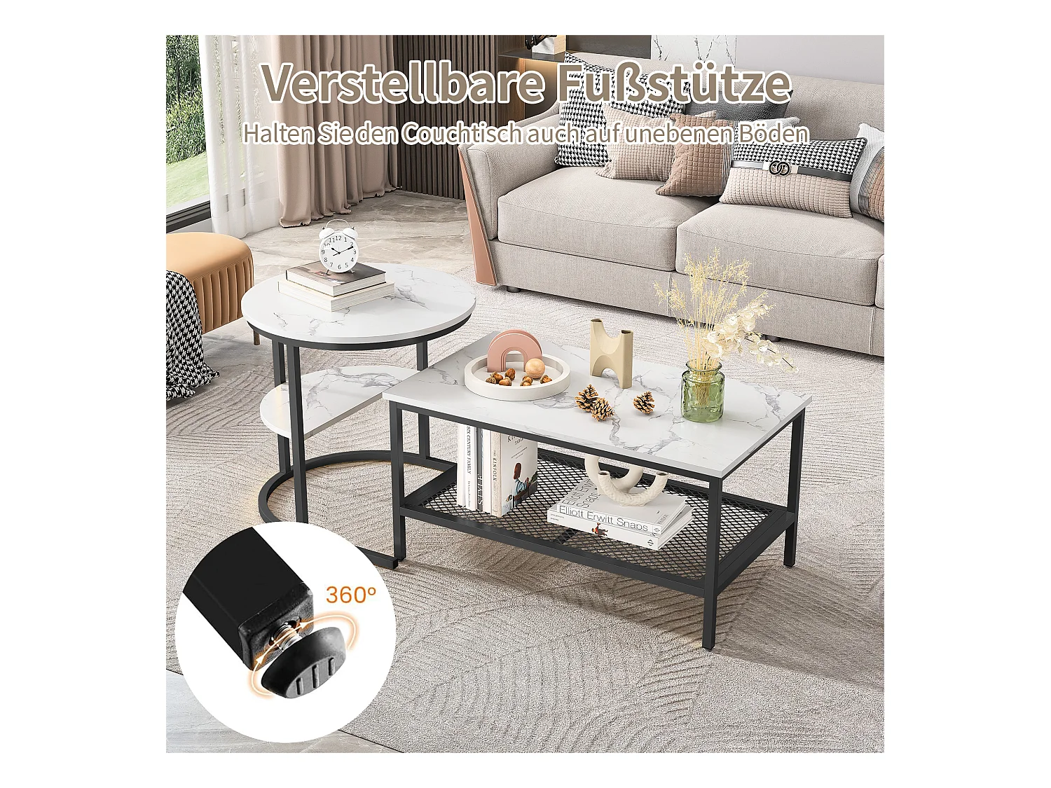 2er-Set skandinavischer Couchtische – rechteckig, Marmordruck, verstellbare Fußstützen, schwarzer Metallrahmen