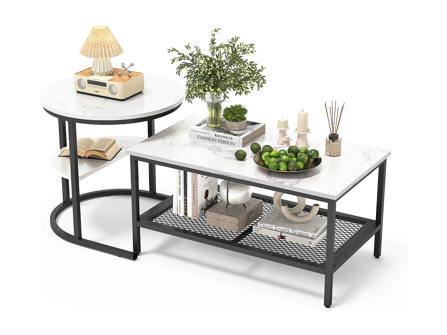 Lot de 2 Tables Basses Gigognes Scandinaves – Rectangulaire, Imprimé Marbre, Repose-pieds Réglables, Cadre Métal Noir