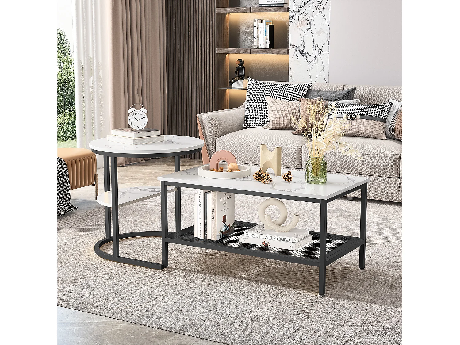 Lot de 2 Tables Basses Gigognes Scandinaves – Rectangulaire, Imprimé Marbre, Repose-pieds Réglables, Cadre Métal Noir