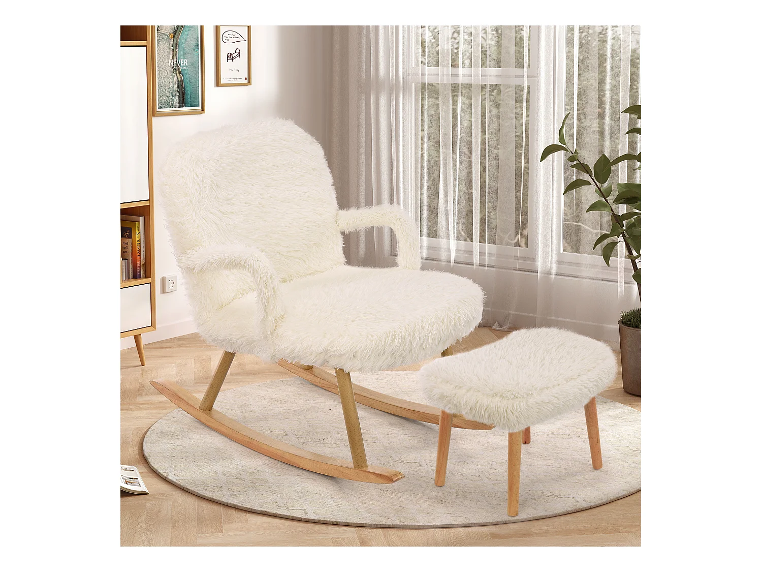 Cadeira de balanço de pelúcia Teddy - Cadeira de balanço confortável com apoio para os pés e pernas de madeira maciça - 65 x 96,5 x 85 cm - Branca