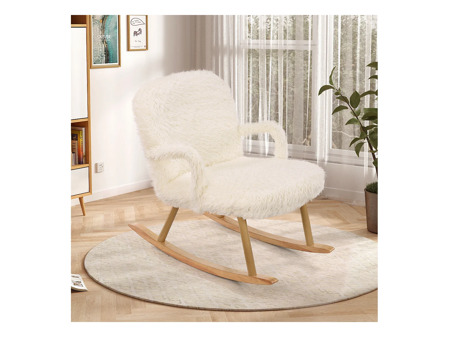 Cadeira de balanço de pelúcia Teddy - Cadeira de balanço confortável com apoio para os pés e pernas de madeira maciça - 65 x 96,5 x 85 cm - Branca