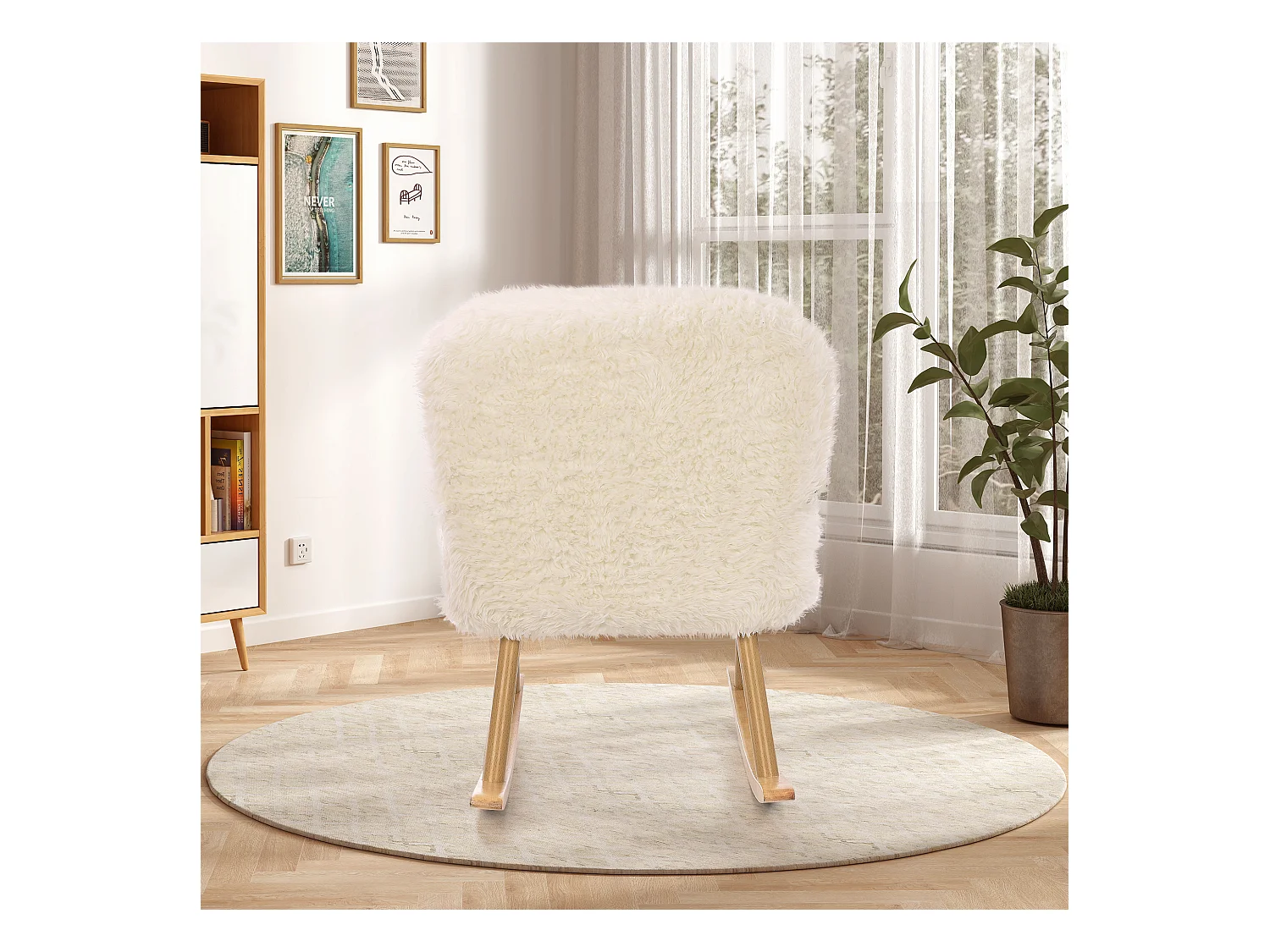 Cadeira de balanço de pelúcia Teddy - Cadeira de balanço confortável com apoio para os pés e pernas de madeira maciça - 65 x 96,5 x 85 cm - Branca