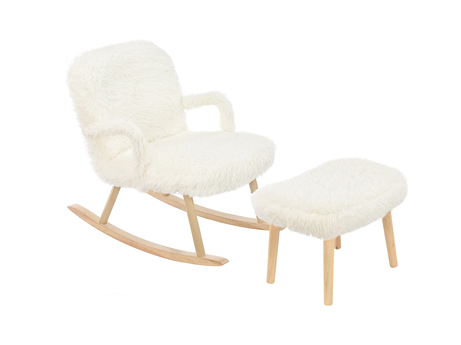 Cadeira de balanço de pelúcia Teddy - Cadeira de balanço confortável com apoio para os pés e pernas de madeira maciça - 65 x 96,5 x 85 cm - Branca