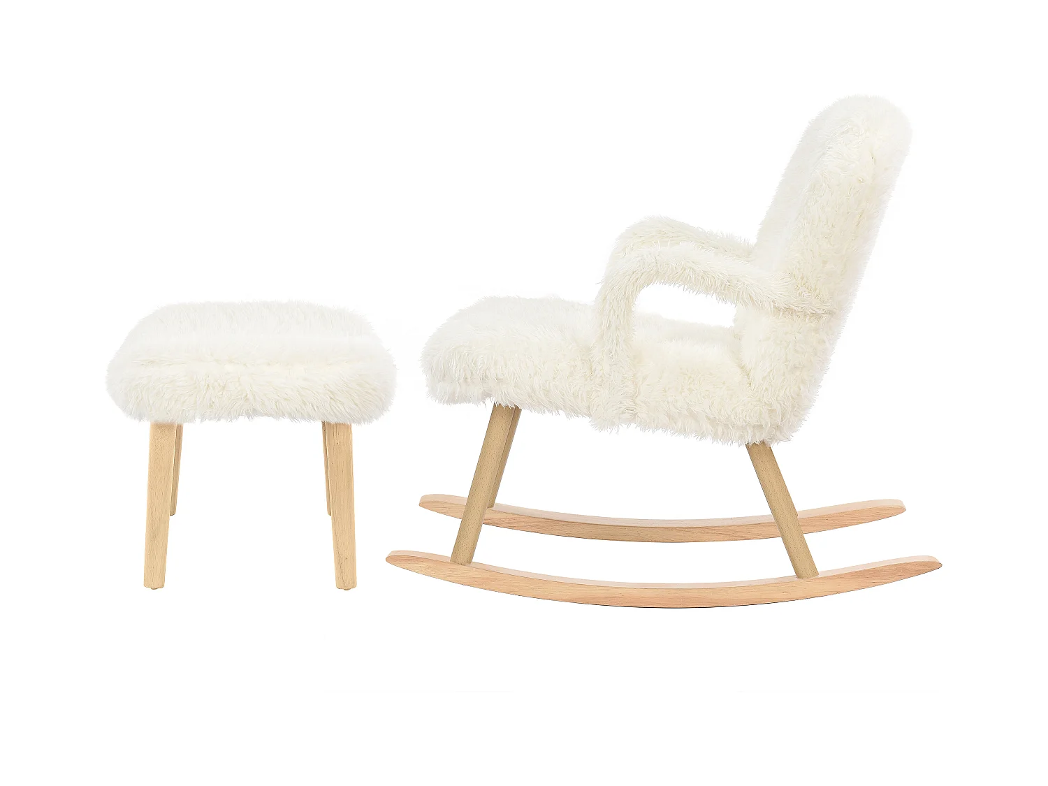 Cadeira de balanço de pelúcia Teddy - Cadeira de balanço confortável com apoio para os pés e pernas de madeira maciça - 65 x 96,5 x 85 cm - Branca