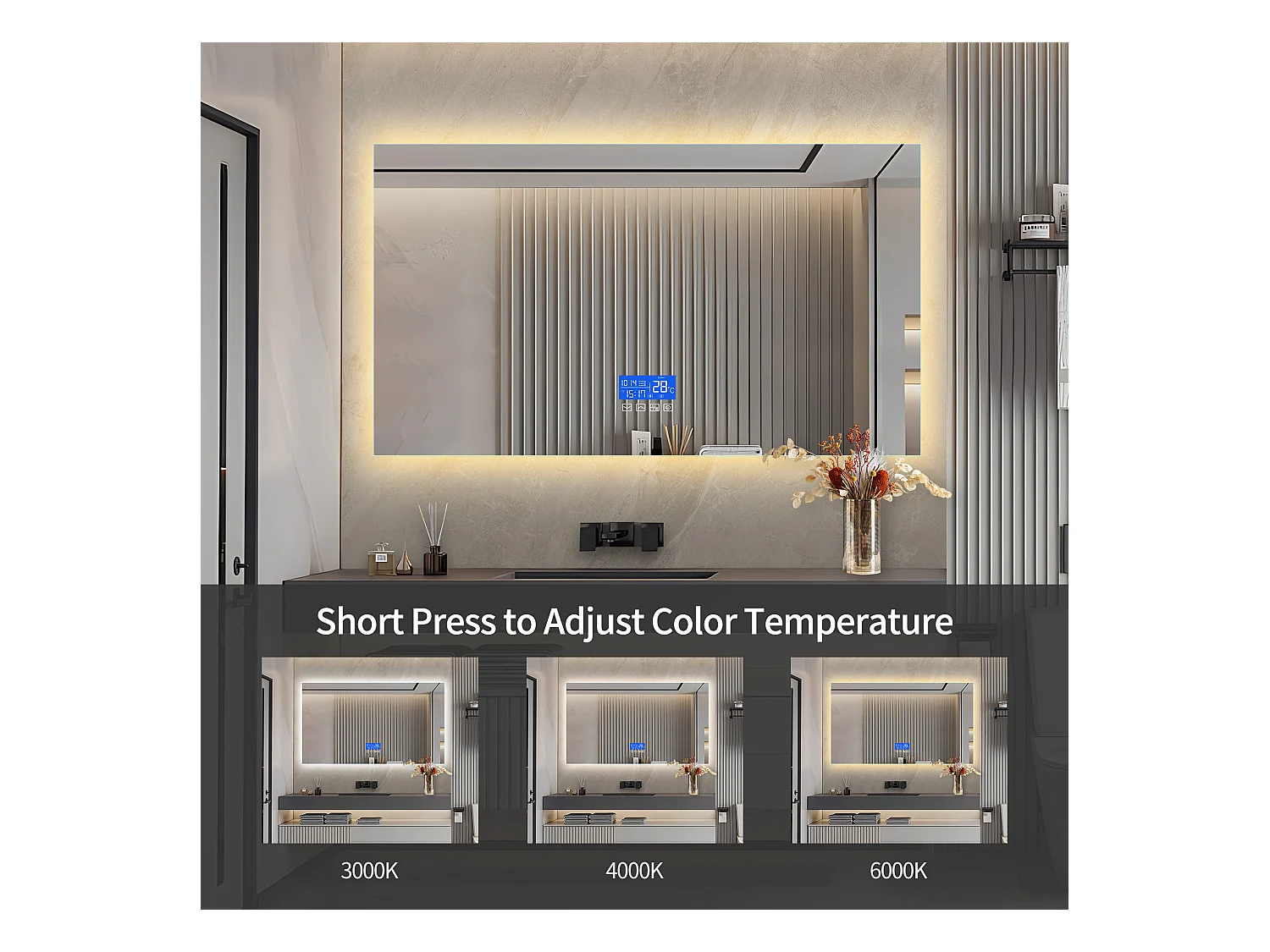 Vierkante badkamerspiegel 60x140 cm - LED, temperatuur, ontwaseming, 3 helderheidsniveaus, touch