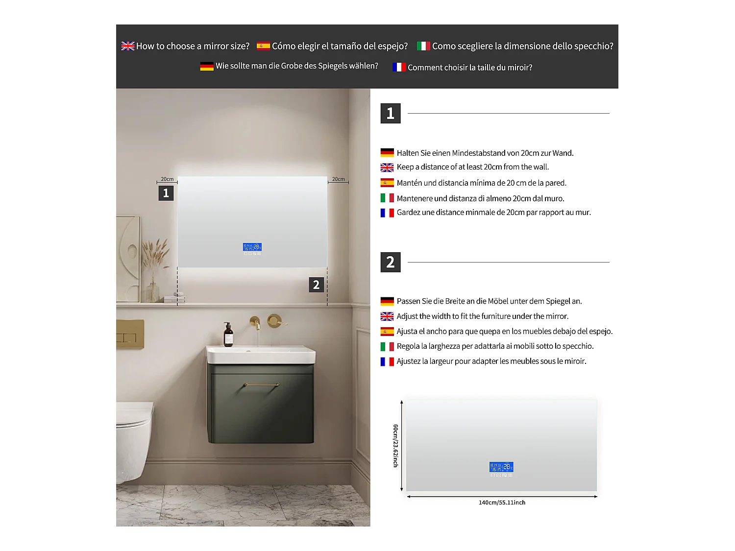 Vierkante badkamerspiegel 60x140 cm - LED, temperatuur, ontwaseming, 3 helderheidsniveaus, touch