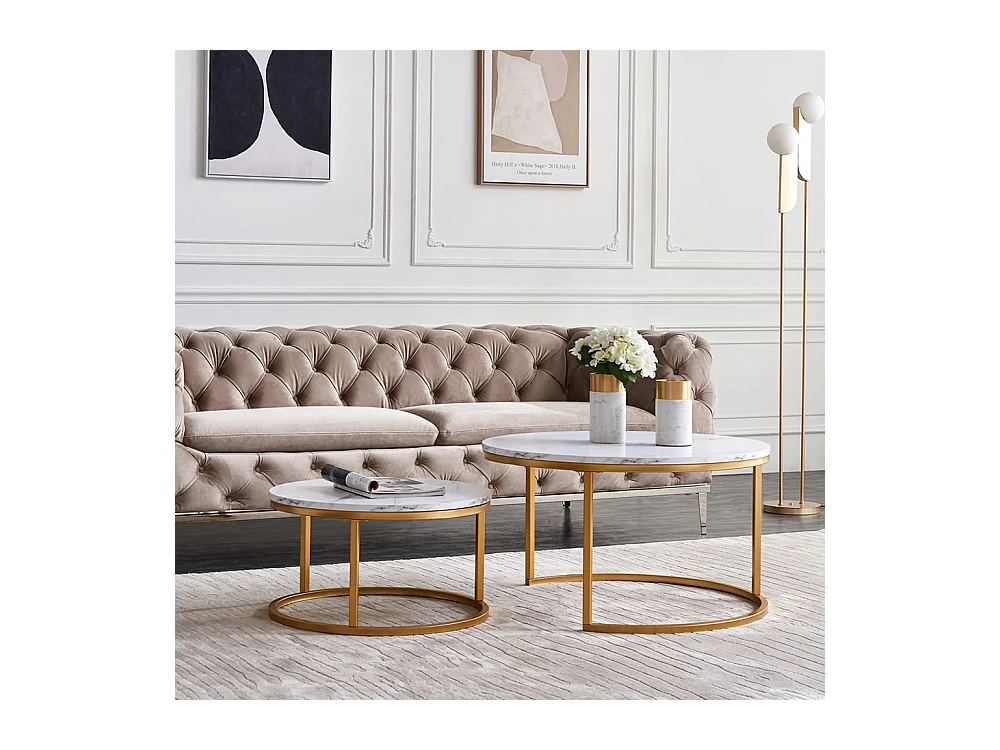 Lot de 2 tables basses gigognes – Marbre blanc et métal doré, Table d'appoint moderne, Pour salon et chambre