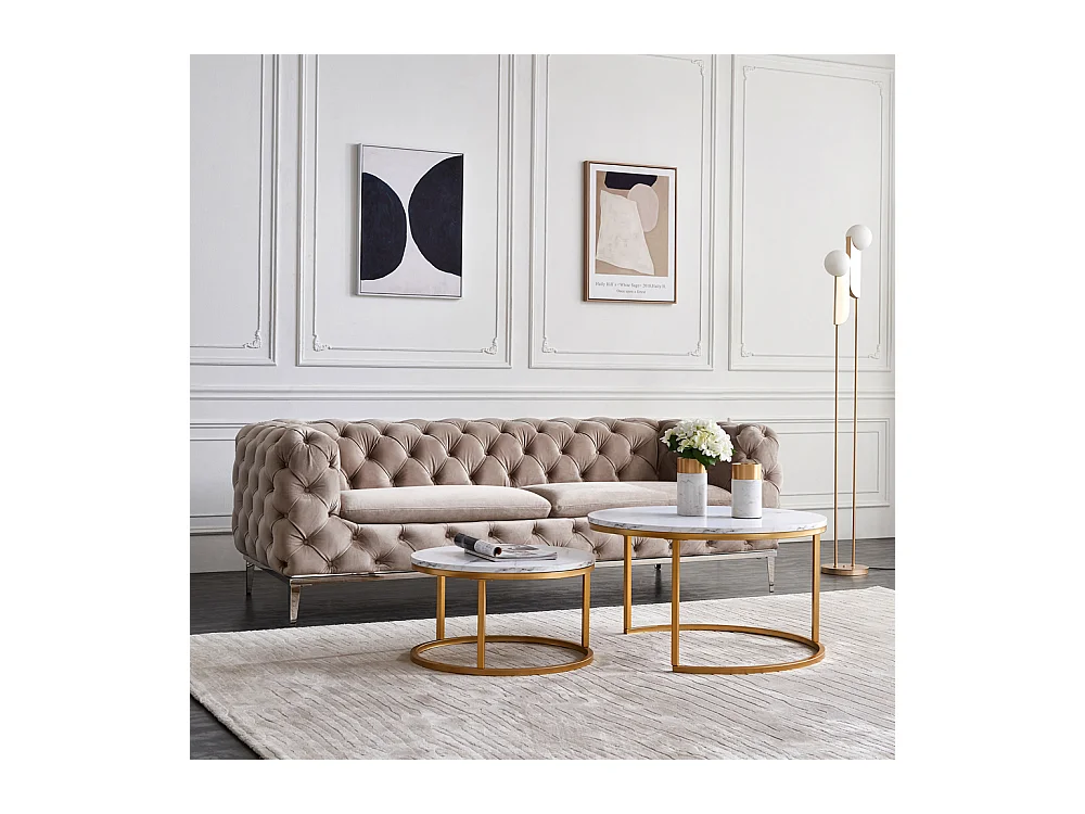 Lot de 2 tables basses gigognes – Marbre blanc et métal doré, Table d'appoint moderne, Pour salon et chambre