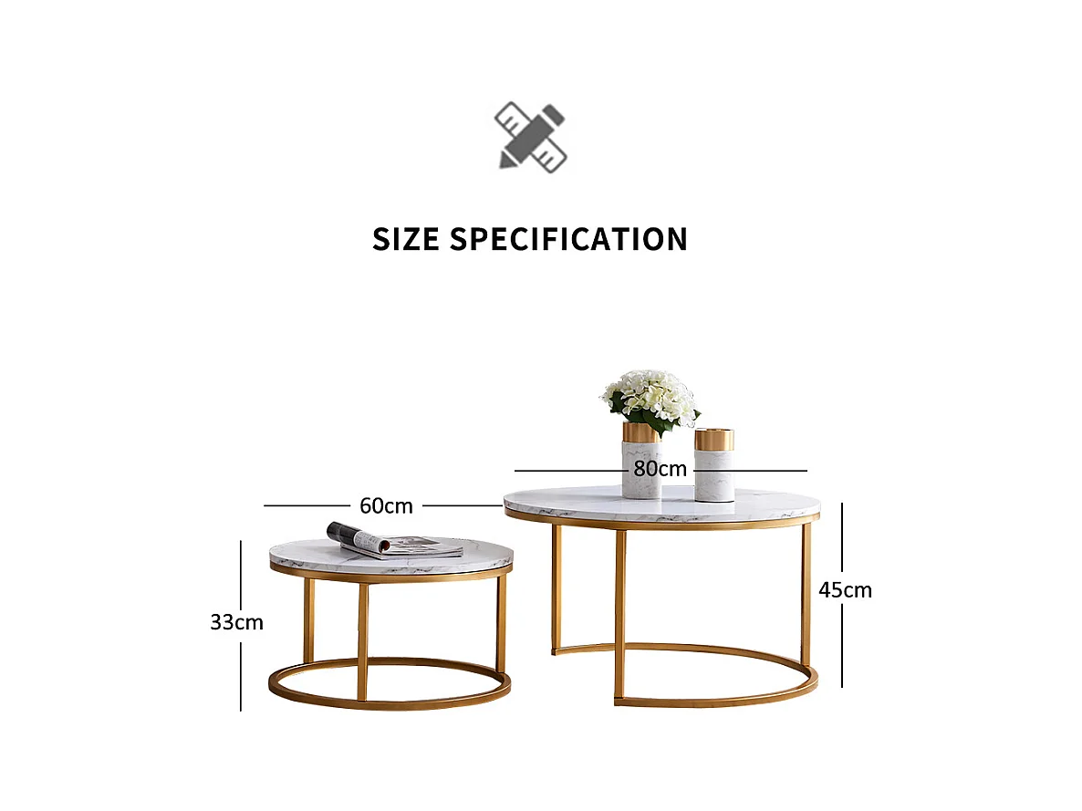 Lot de 2 tables basses gigognes – Marbre blanc et métal doré, Table d'appoint moderne, Pour salon et chambre