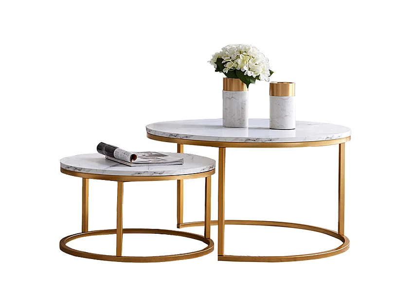 Lot de 2 tables basses gigognes – Marbre blanc et métal doré, Table d'appoint moderne, Pour salon et chambre