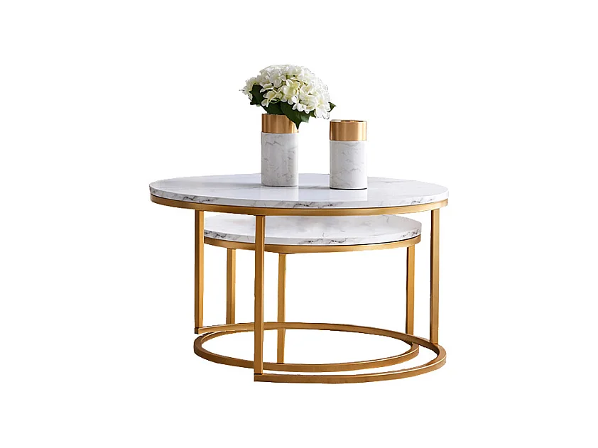 Lot de 2 tables basses gigognes – Marbre blanc et métal doré, Table d'appoint moderne, Pour salon et chambre