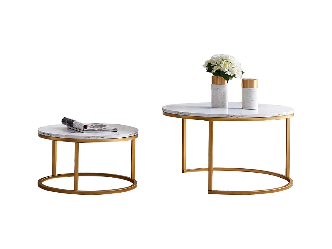 Set van 2 in elkaar passende salontafels - wit marmer en goudkleurig metaal, moderne bijzettafel, voor woonkamer en slaapkamer