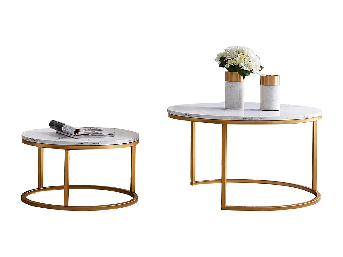 Lot de 2 tables basses gigognes – Marbre blanc et métal doré, Table d'appoint moderne, Pour salon et chambre