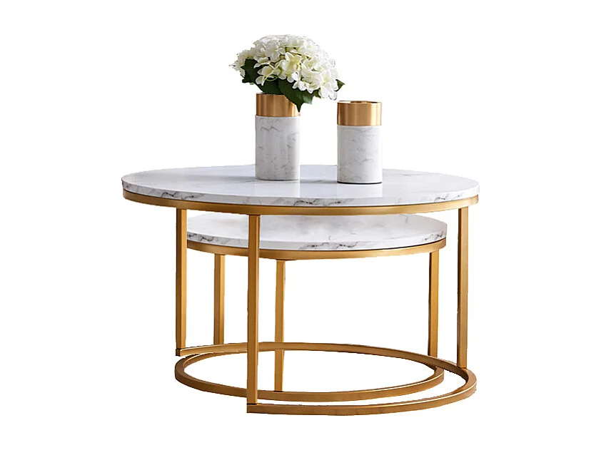 Lot de 2 tables basses gigognes – Marbre blanc et métal doré, Table d'appoint moderne, Pour salon et chambre