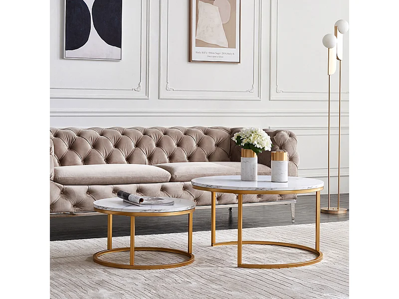 Lot de 2 tables basses gigognes – Marbre blanc et métal doré, Table d'appoint moderne, Pour salon et chambre