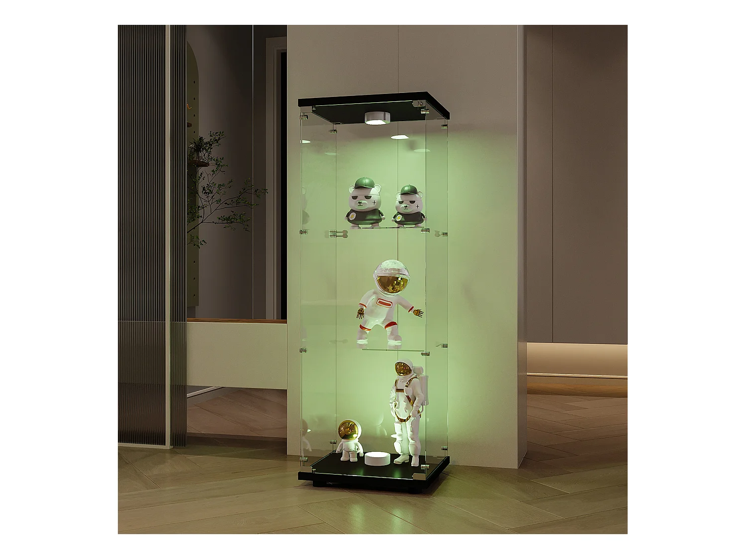 Vitrine en Verre GARHELPER – 3 Étagères, 1 Porte, Verre Trempé, Lumière LED, Blanc, 42x36x125 cm