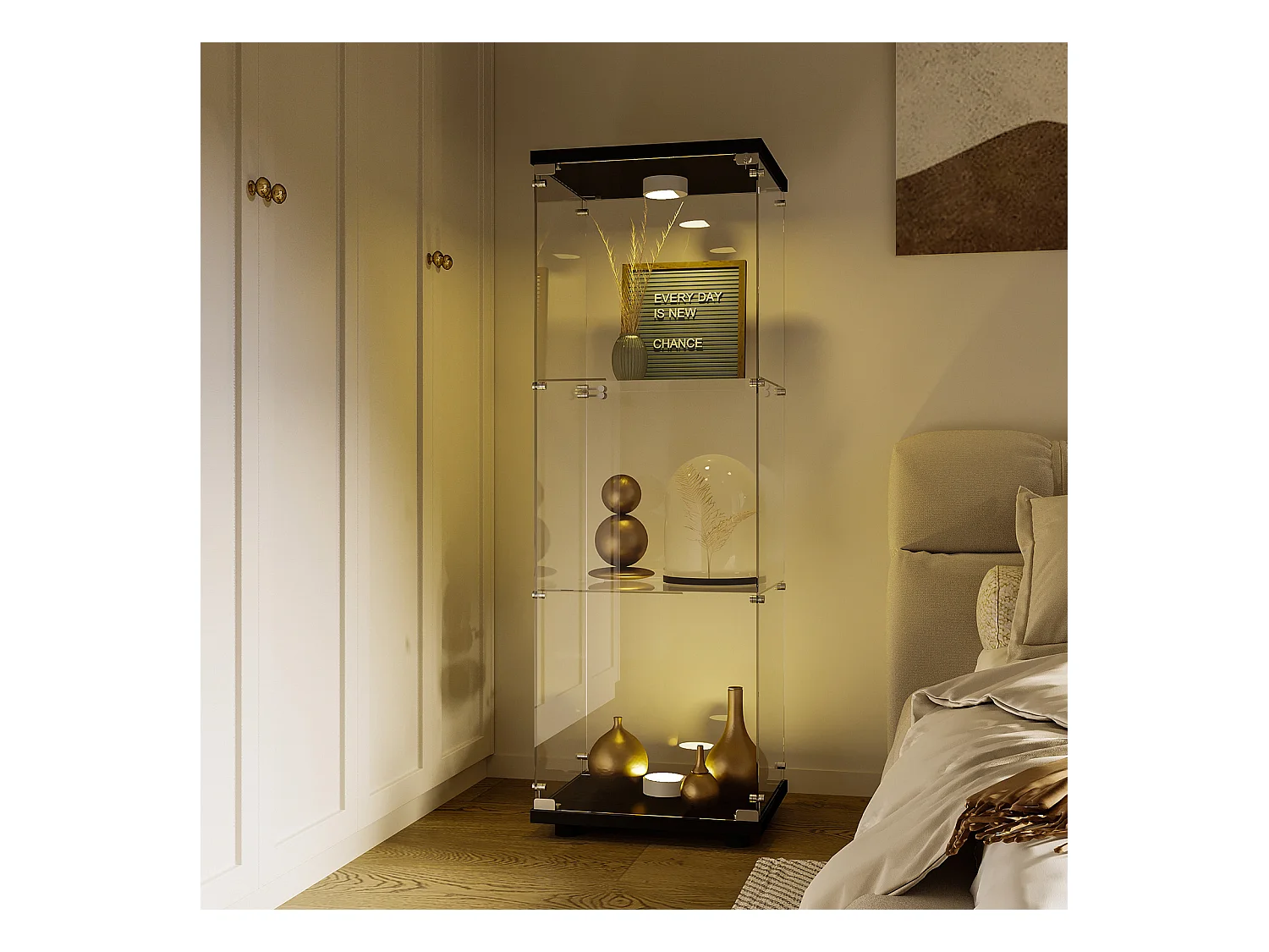 Vitrine en Verre GARHELPER – 3 Étagères, 1 Porte, Verre Trempé, Lumière LED, Blanc, 42x36x125 cm