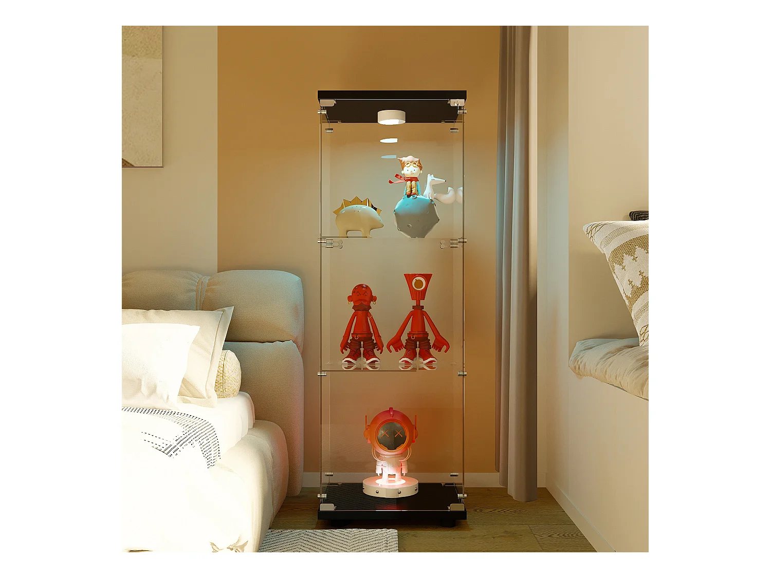 Vitrine en Verre GARHELPER – 3 Étagères, 1 Porte, Verre Trempé, Lumière LED, Blanc, 42x36x125 cm