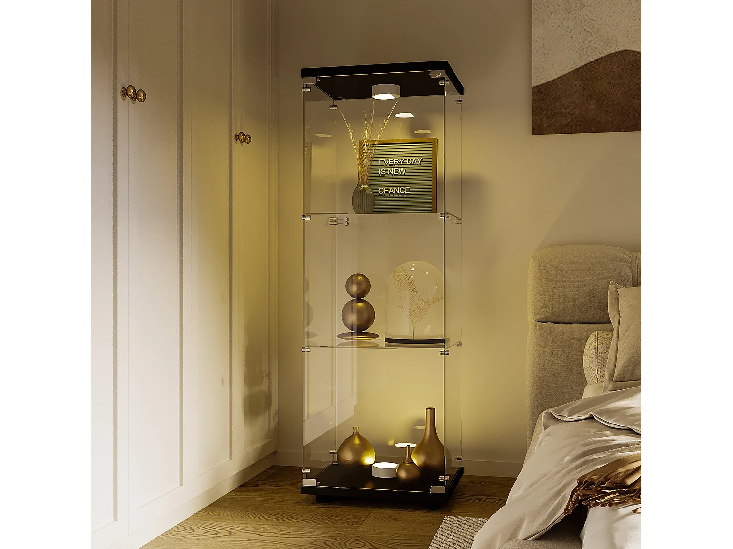 Vitrine en Verre GARHELPER – 3 Étagères, 1 Porte, Verre Trempé, Lumière LED, Blanc, 42x36x125 cm