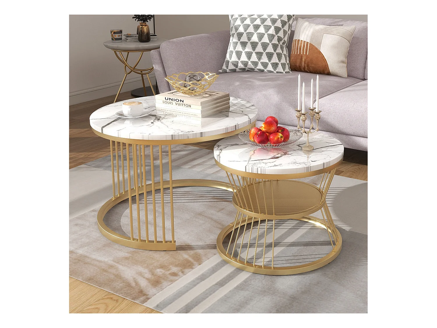 Lot de 2 tables basses rondes – Marbre brillant et métal, Design moderne pour salon, bureau et balcon