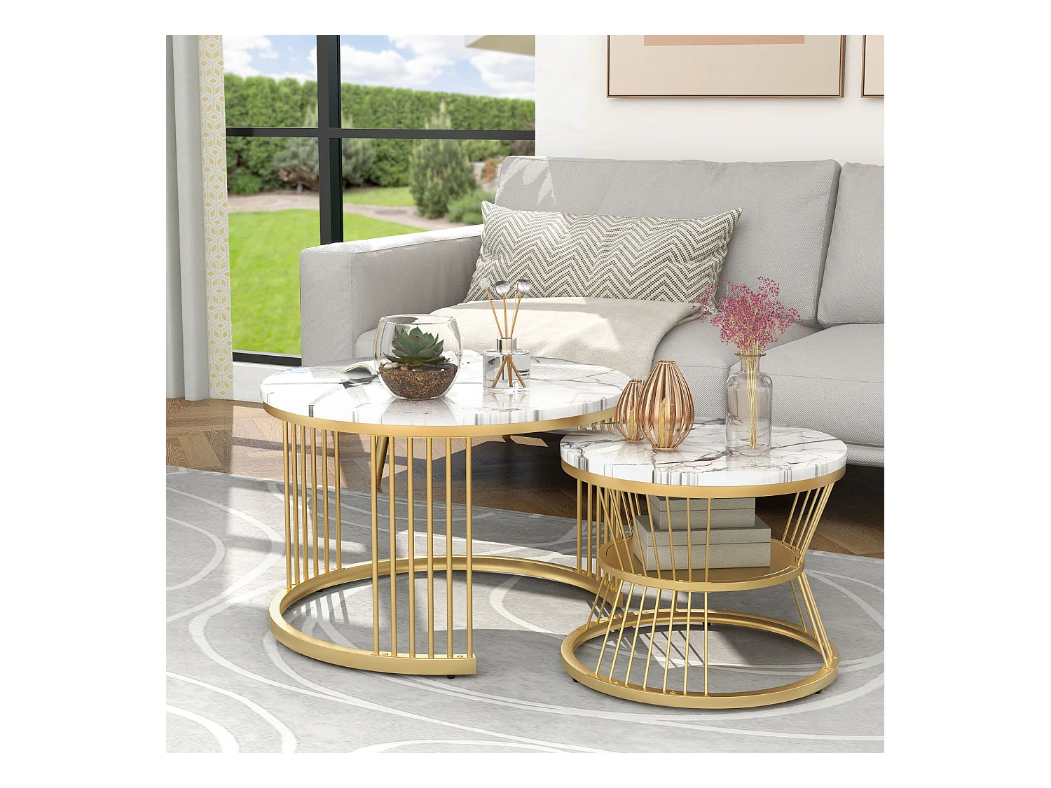 Lot de 2 tables basses rondes – Marbre brillant et métal, Design moderne pour salon, bureau et balcon