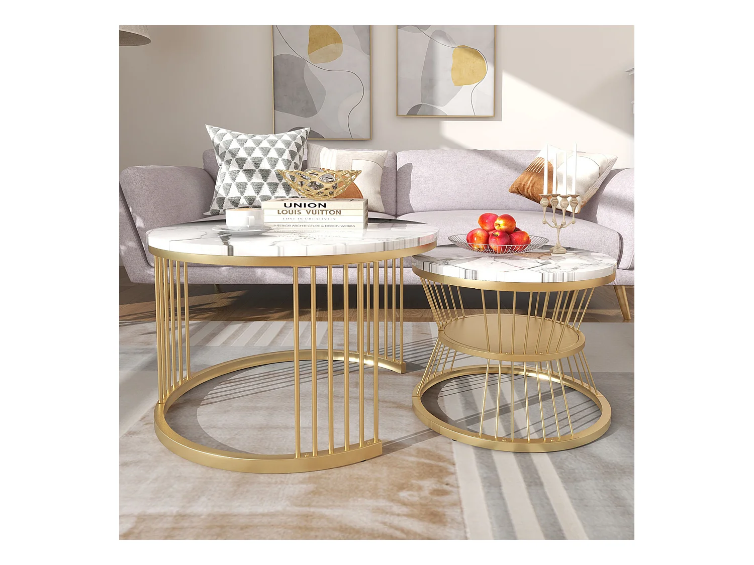 Lot de 2 tables basses rondes – Marbre brillant et métal, Design moderne pour salon, bureau et balcon
