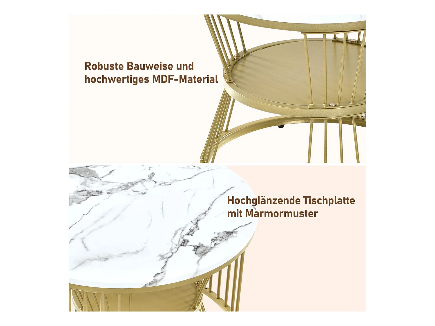 Lot de 2 tables basses rondes – Marbre brillant et métal, Design moderne pour salon, bureau et balcon