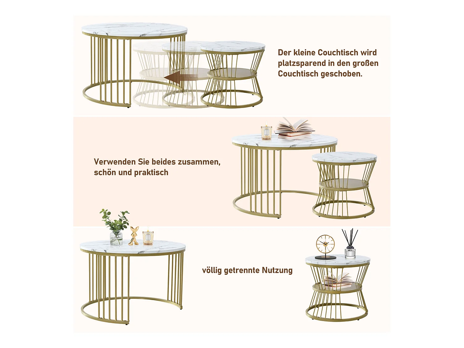 Lot de 2 tables basses rondes – Marbre brillant et métal, Design moderne pour salon, bureau et balcon