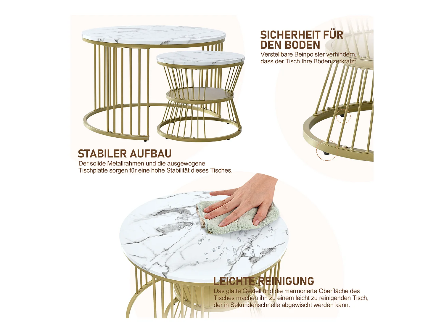 Lot de 2 tables basses rondes – Marbre brillant et métal, Design moderne pour salon, bureau et balcon