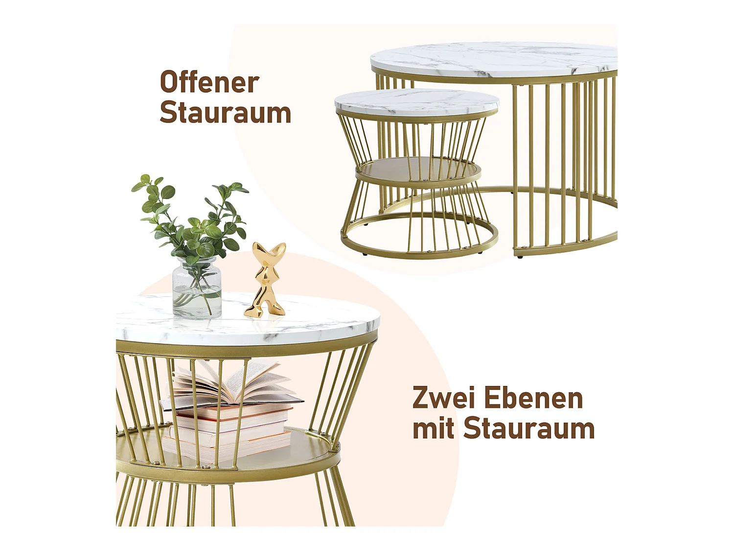 Lot de 2 tables basses rondes – Marbre brillant et métal, Design moderne pour salon, bureau et balcon