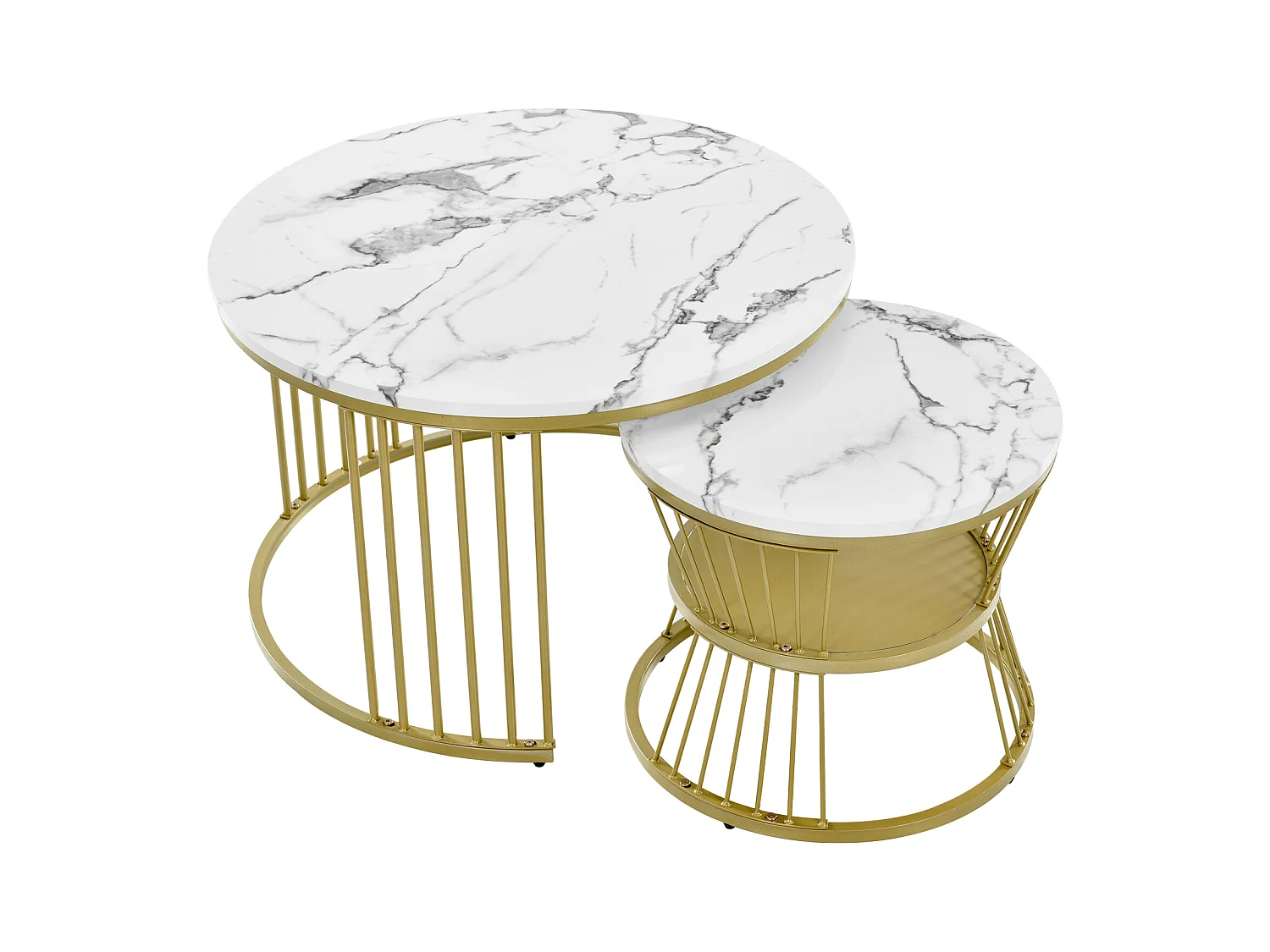 Set van 2 ronde salontafels - glanzend marmer en metaal, modern design voor woonkamer, kantoor en balkon