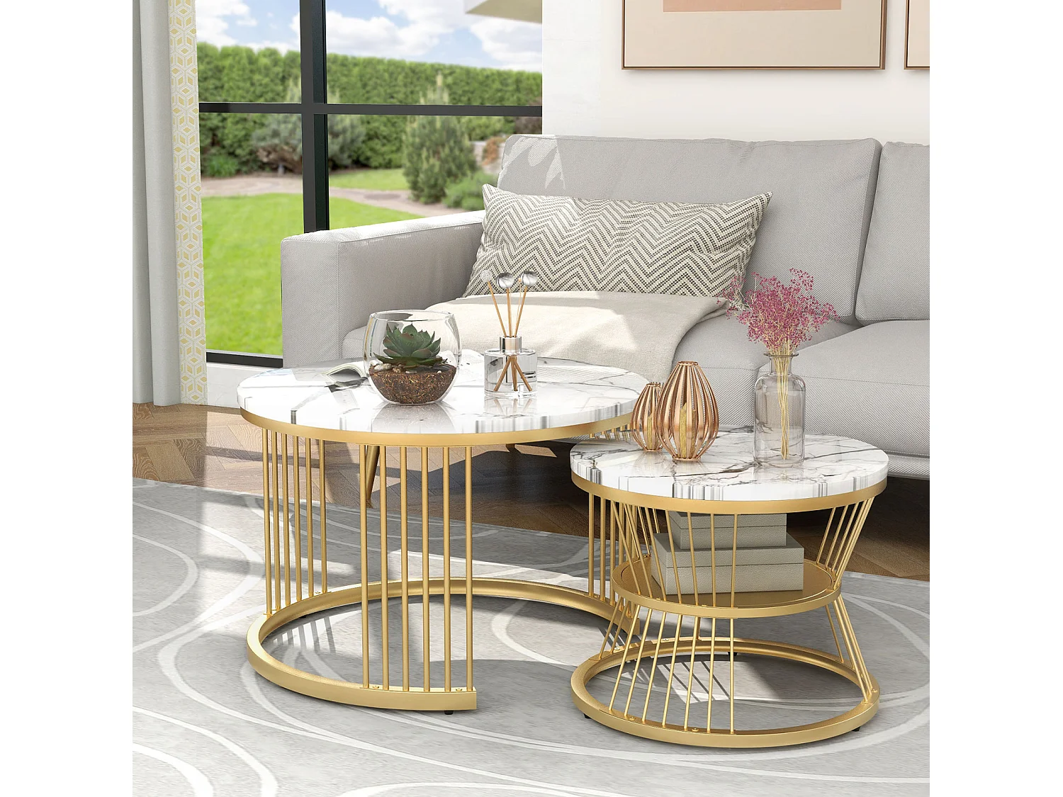 Lot de 2 tables basses rondes – Marbre brillant et métal, Design moderne pour salon, bureau et balcon