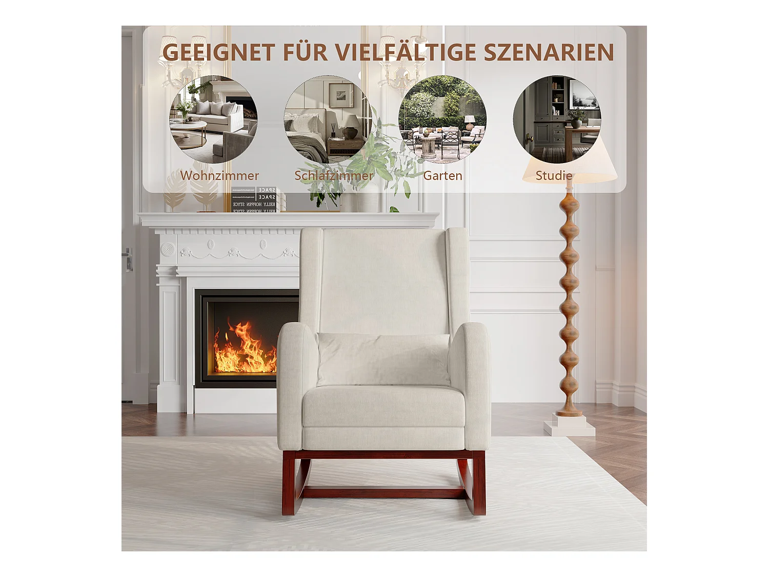 Cadeira de balanço com apoio de pernas retrátil e encosto alto em madeira maciça - Cadeira de balanço para sala de estar e quarto, carga até 150 kg - Bege