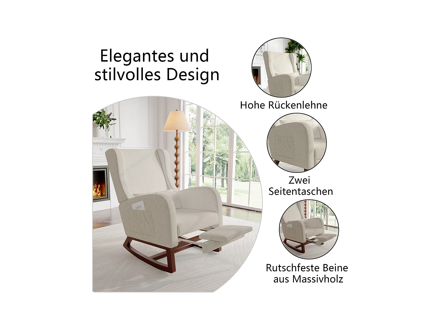 Cadeira de balanço com apoio de pernas retrátil e encosto alto em madeira maciça - Cadeira de balanço para sala de estar e quarto, carga até 150 kg - Bege