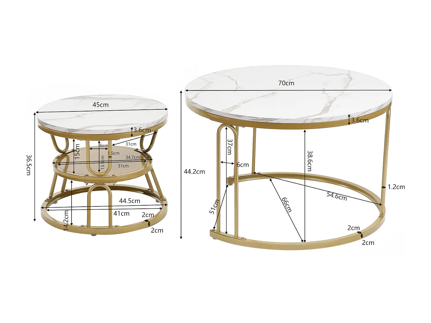 Conjunto de 2 mesas de centro encaixáveis - redondas, tampo de mármore, pernas de ferro em formato de U, douradas, D70x45+D45x40 cm