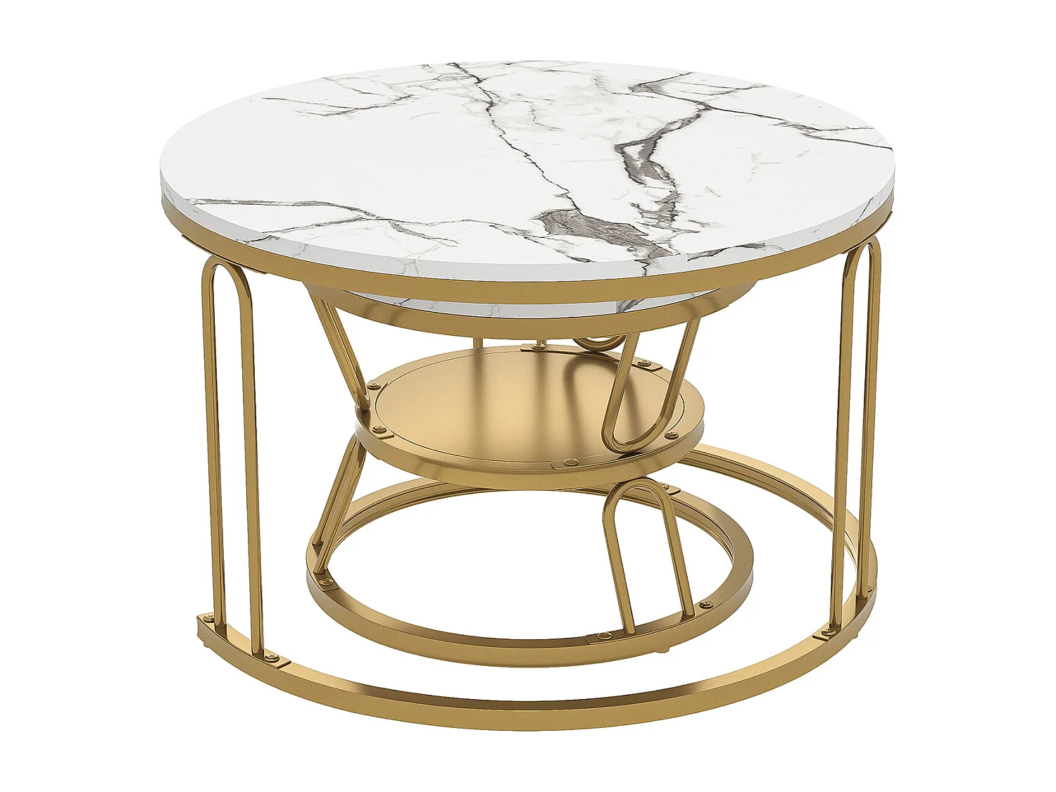 Conjunto de 2 mesas de centro encaixáveis - redondas, tampo de mármore, pernas de ferro em formato de U, douradas, D70x45+D45x40 cm