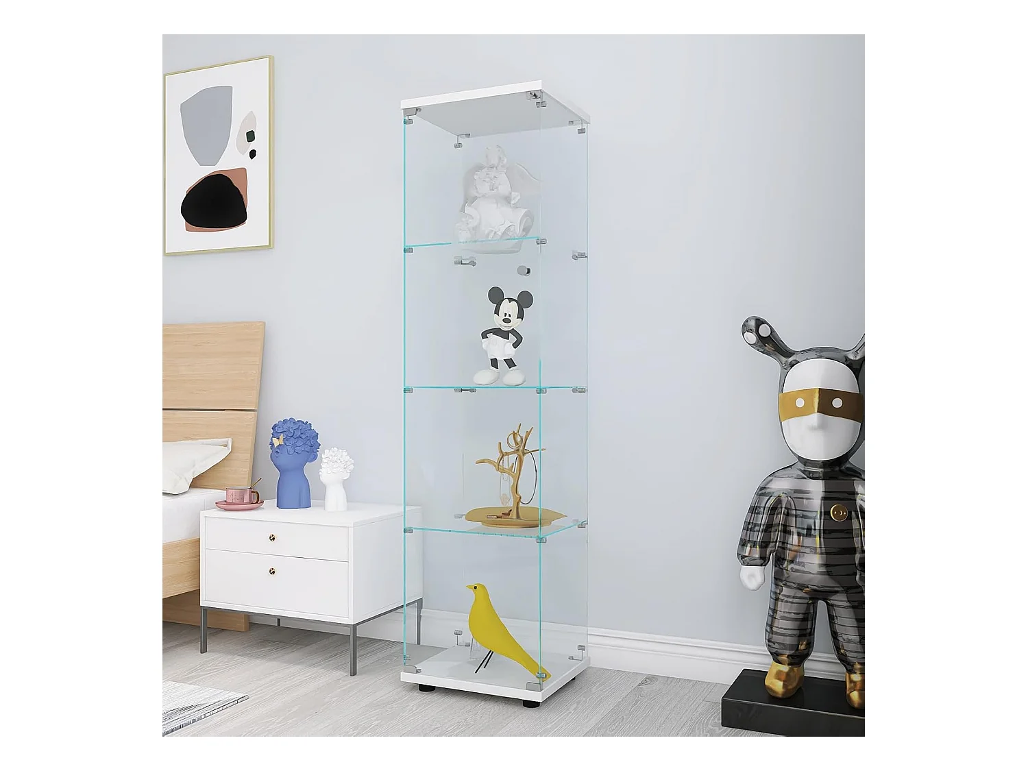 Vitrine de vidro 164 cm – 4 prateleiras, 1 porta com fechadura, Móvel de arrumação moderno, Branco