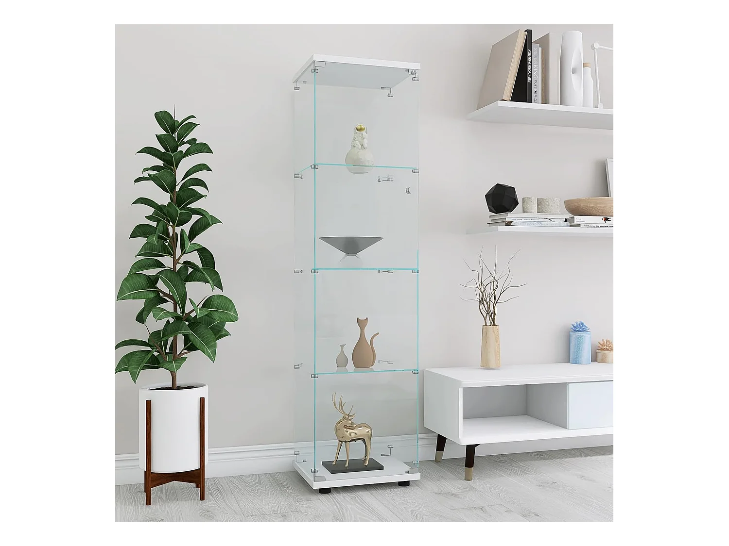 Vitrine de vidro 164 cm – 4 prateleiras, 1 porta com fechadura, Móvel de arrumação moderno, Branco