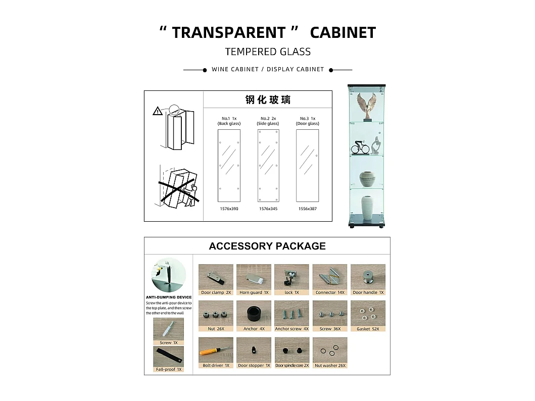 Vitrine de vidro 164 cm – 4 prateleiras, 1 porta com fechadura, Móvel de arrumação moderno, Branco