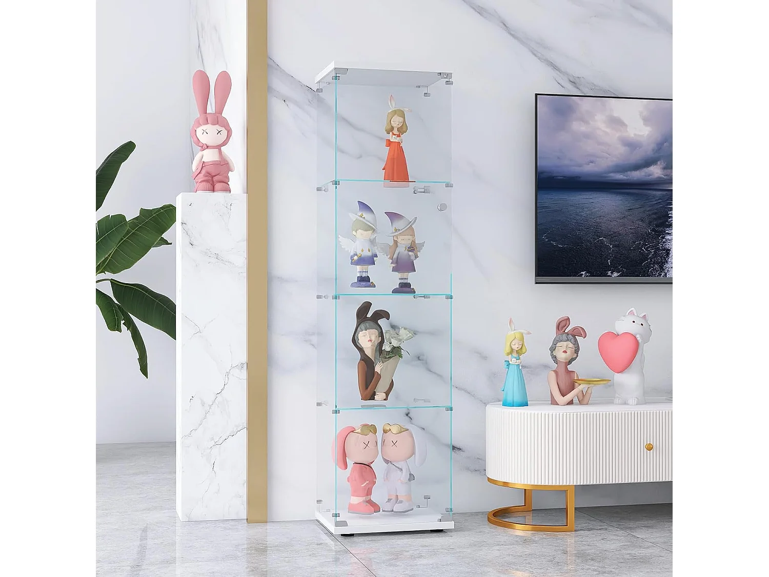 Vitrinekast 164 cm – 4 legplanken, 1 deur met slot, Moderne opbergkast, Wit