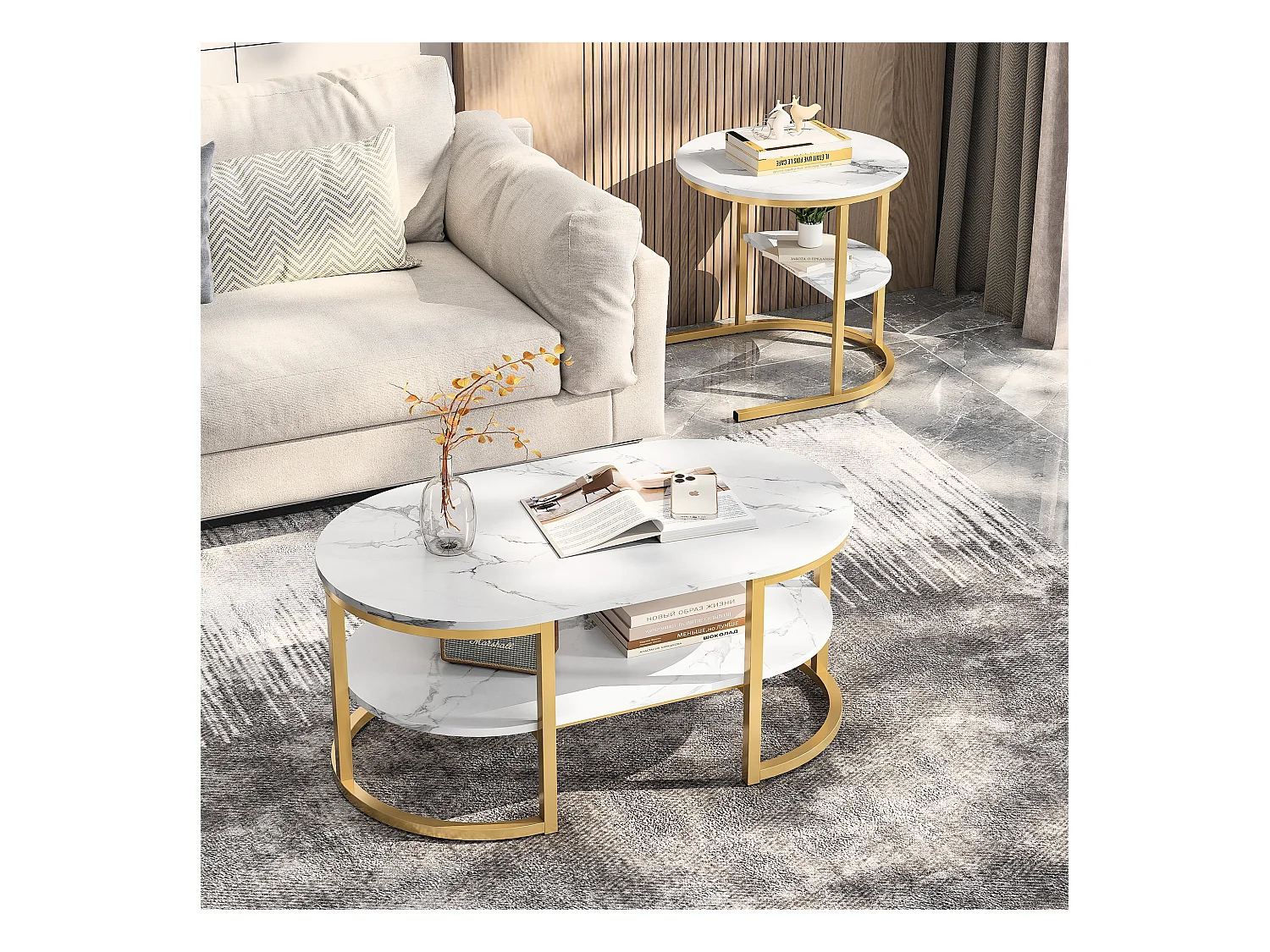 Set di 2 tavolini da caffè scandinavi impilabili - ovali, stampa marmo, ripiani portaoggetti, struttura in metallo dorato