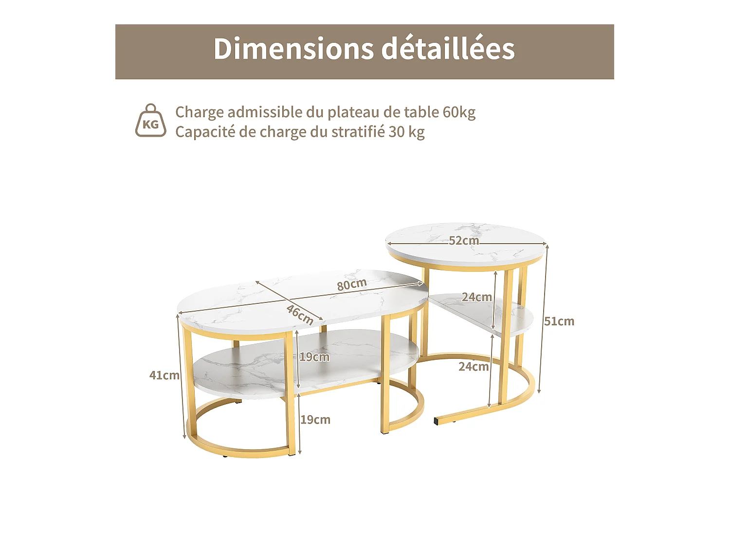 Set di 2 tavolini da caffè scandinavi impilabili - ovali, stampa marmo, ripiani portaoggetti, struttura in metallo dorato