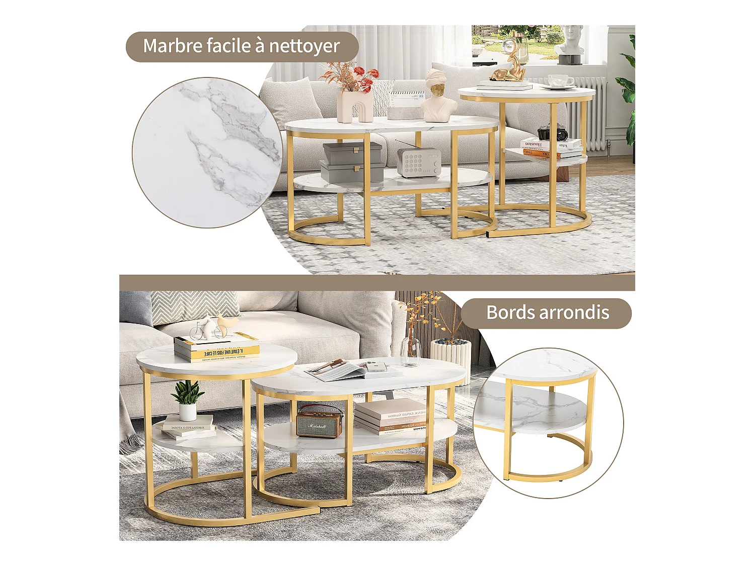 Set di 2 tavolini da caffè scandinavi impilabili - ovali, stampa marmo, ripiani portaoggetti, struttura in metallo dorato